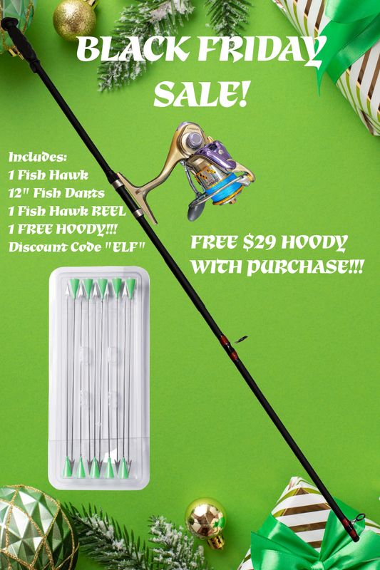 BLACK FRIDAY HOLIDAY FISH HAWK PACKAGE BLOW OUT SALE, Includes Fish Hawk, 12" Darts, Fish Hawk Reel, and FREE Hoody of your choice!  USE CODE "ELF" at Checkout!!